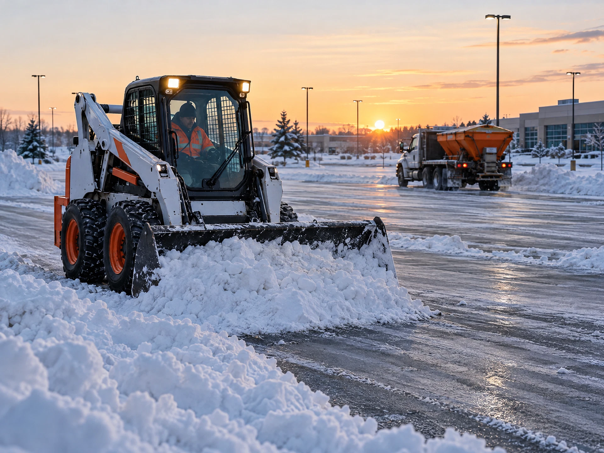 Commercial parking lot snow removal with a skid-steer loader