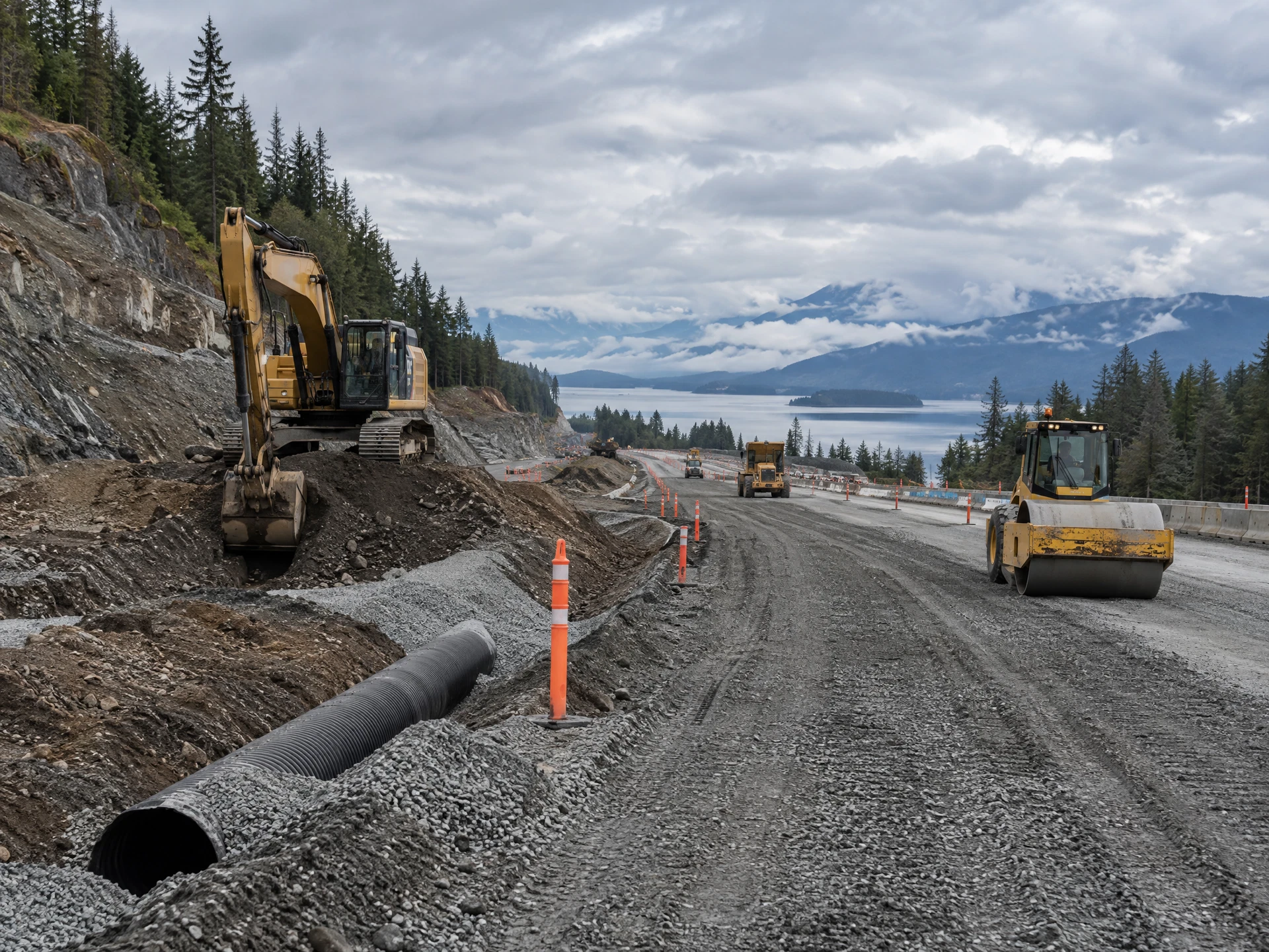 Civil road excavation and earthworks with heavy equipment