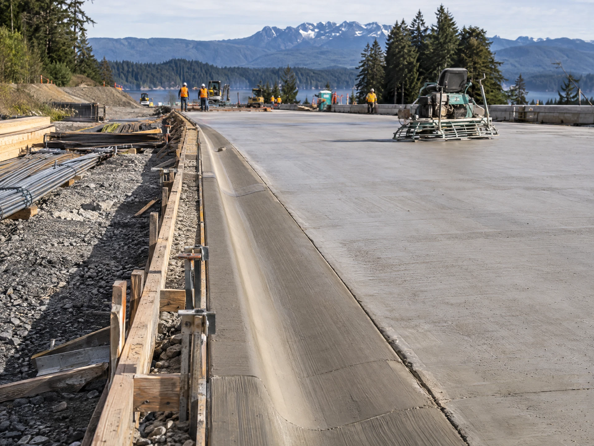 Concrete infrastructure work with forms and finishing equipment